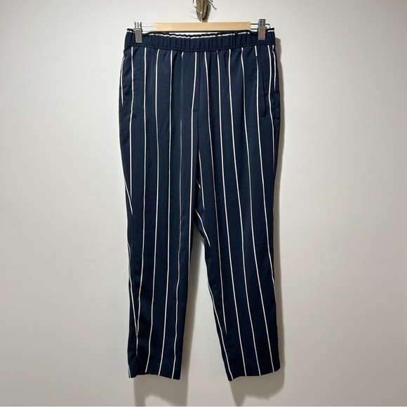 H&M Striped Ankle Trousers Size 6 Stetch Waist Lightweight Flowy Navy Blue White - Picture 1 of 8
